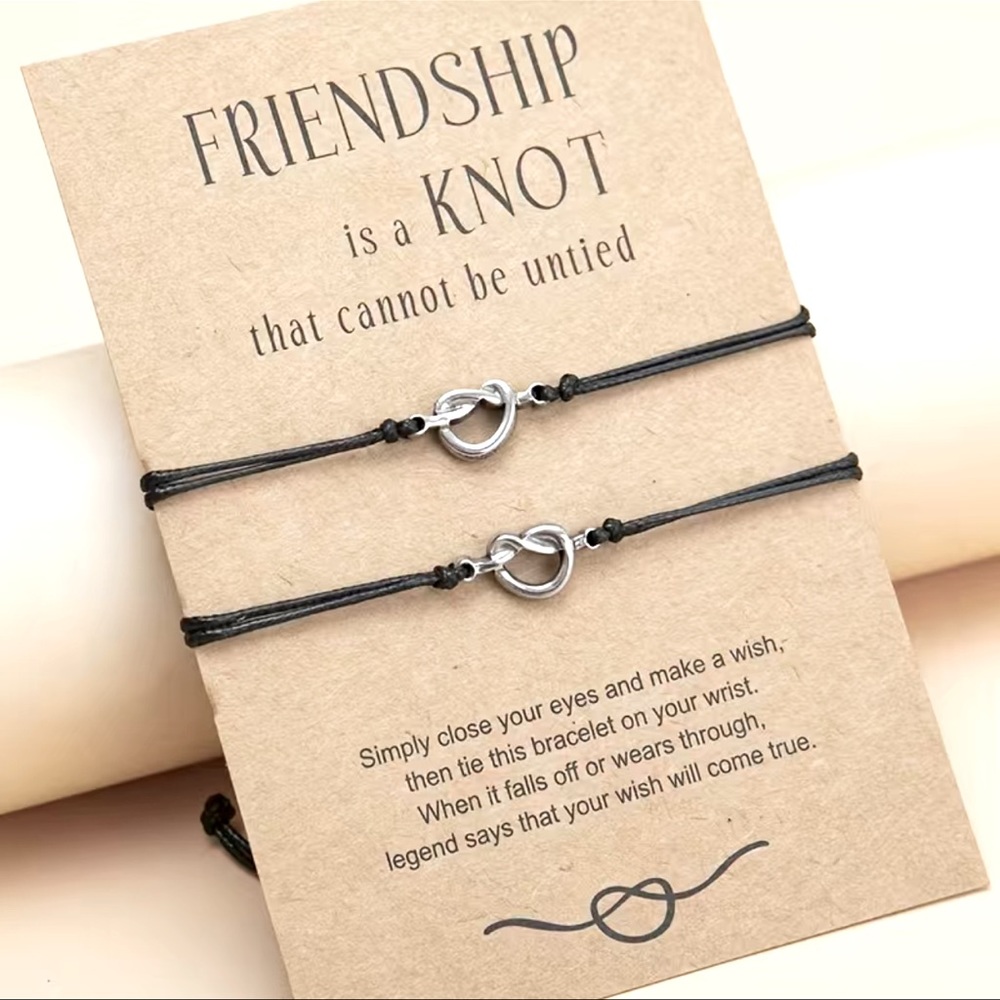 🔴 CLEARANCE NWT 👯‍♀️ 2 STEEL KNOT BLACK FAUX LEATHER STRING FRIENDSHIP BRACELETS